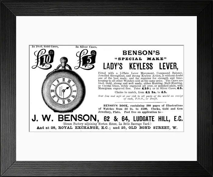 Framed Print : Advertisement for Benson's Watches - 'Special Make' Lady's Keyless Lever, 1895 Framed Print : Advertisement for Benson's Watches - 'Special Make' Lady's Keyless Lever, 1895