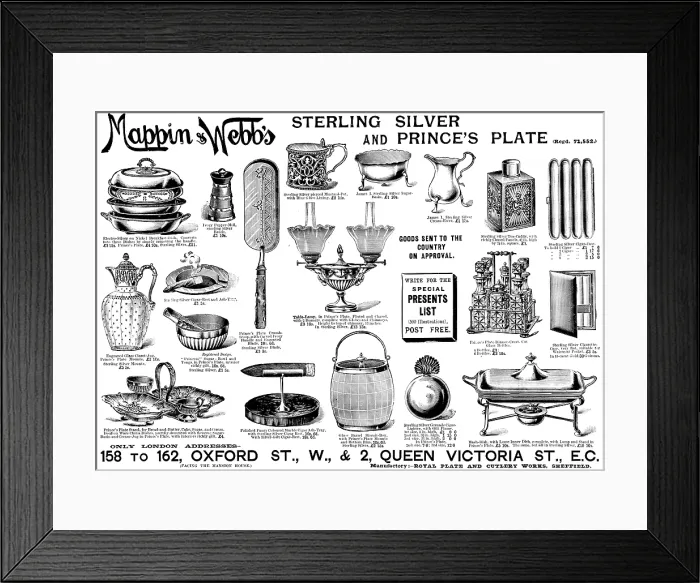 Framed Print : Advertisement for Mappin & Webb's Sterling Silver and Prince's Plate, 1895