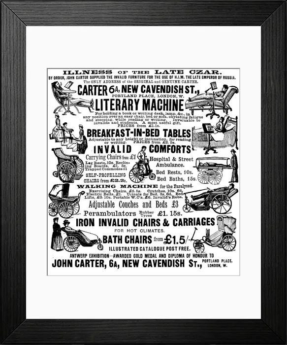 Framed Print : Advertisement for John Carter's invalid furniture, 1895. Creator: Unknown. Advertisement for John Carter's invalid furniture, 1895. Creator: Unknown Framed Print : Advertisement for John Carter's invalid furniture, 1895. Creator: Unknown. Advertisement for John Carter's invalid furniture, 1895. Creator: Unknown