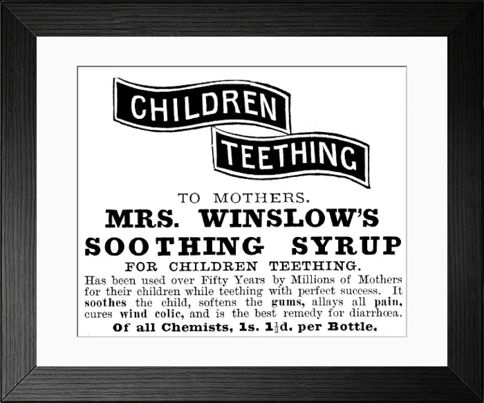 Framed Print : Advertisement for Mrs. Winslow's Soothing Syrup, 1895. Creator: Unknown. Advertisement for Mrs. Winslow's Soothing Syrup, 1895. Creator: Unknown