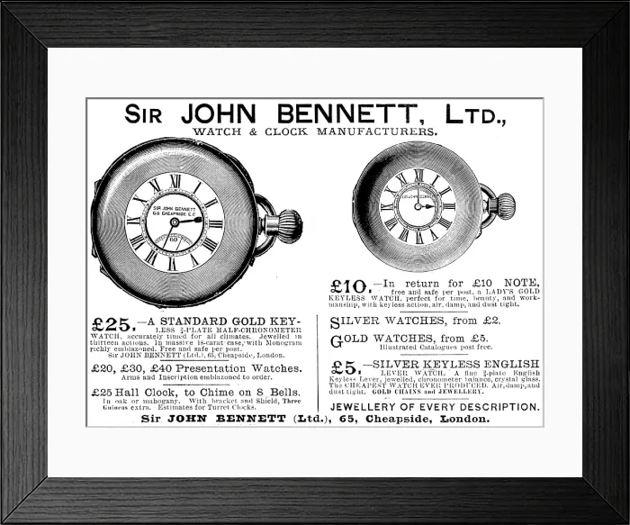 Framed Print : Advertisement for Sir John Bennett, Ltd. Watch & Clock Manufacturers, 1895. Creator: Unknown Framed Print : Advertisement for Sir John Bennett, Ltd. Watch & Clock Manufacturers, 1895. Creator: Unknown