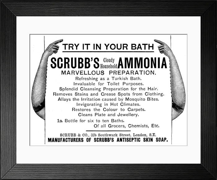 Framed Print : Advertisement for Scrubb's (Cloudy Household) Ammonia, 1895. Creator: Unknown. Advertisement for Scrubb's (Cloudy Household) Ammonia, 1895. Creator: Unknown Framed Print : Advertisement for Scrubb's (Cloudy Household) Ammonia, 1895. Creator: Unknown. Advertisement for Scrubb's (Cloudy Household) Ammonia, 1895. Creator: Unknown