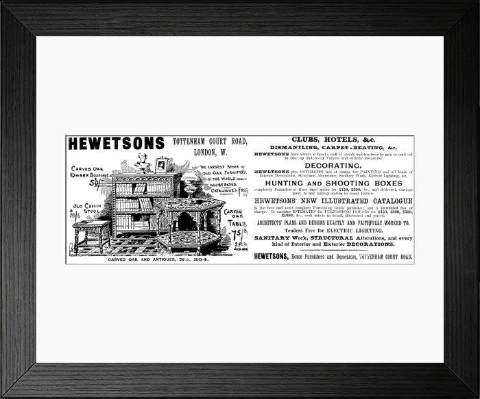 Framed Print : Advertisement for Hewetsons carved oak and antiques, 1895. Creator: Unknown Framed Print : Advertisement for Hewetsons carved oak and antiques, 1895. Creator: Unknown