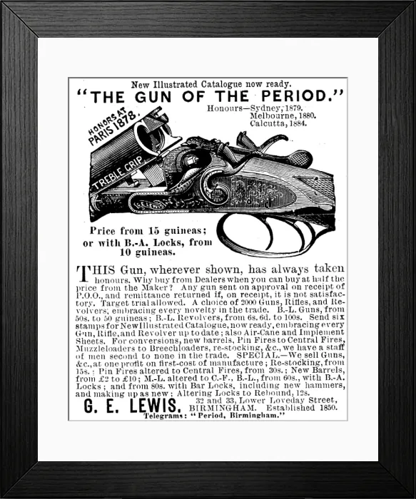 Framed Print : Advertisement for G. E. Lewis, gunmakers, 1895. Creator: Unknown Framed Print : Advertisement for G. E. Lewis, gunmakers, 1895. Creator: Unknown