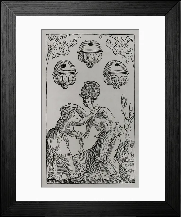 Framed Print : Three of Bells, German playing card, 16th century (1877). Creator: Unknown Framed Print : Three of Bells, German playing card, 16th century (1877). Creator: Unknown