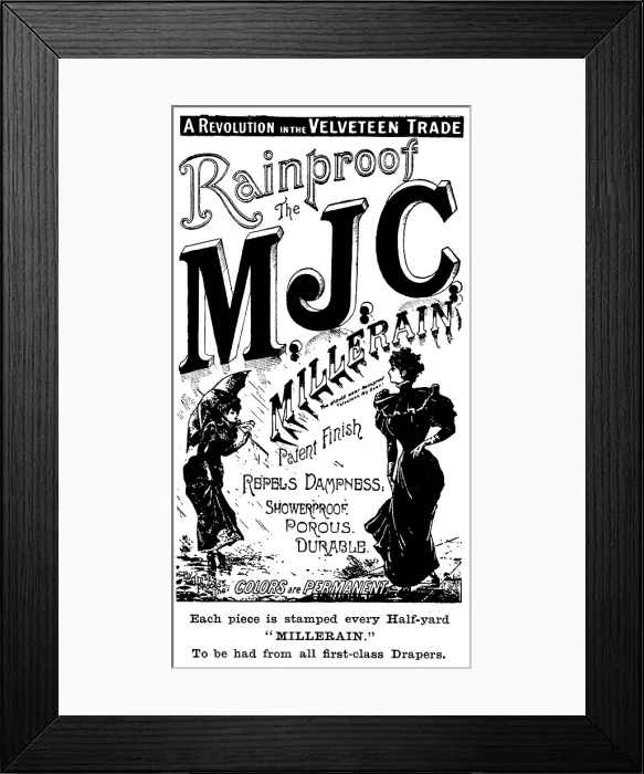 Framed Print : Advertisement for Millerain Rainproof Velveteen, 1895. Creator: Unknown Framed Print : Advertisement for Millerain Rainproof Velveteen, 1895. Creator: Unknown