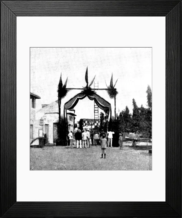Framed Print : Arrival, and Subsequent Death, of Lady Carter at Lagos: triumphal arch of Messrs. Holt & Welch, 1895 Creator: George Meisenbach Framed Print : Arrival, and Subsequent Death, of Lady Carter at Lagos: triumphal arch of Messrs. Holt & Welch, 1895 Creator: George Meisenbach