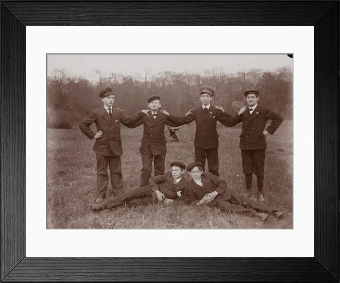 Framed Print : Untitled (six boys and boy with bicycle in background, neg. #22), between 1910 & 1935, printed c1975 Creator: Wendell Hotter Framed Print : Untitled (six boys and boy with bicycle in background, neg. #22), between 1910 & 1935, printed c1975 Creator: Wendell Hotter