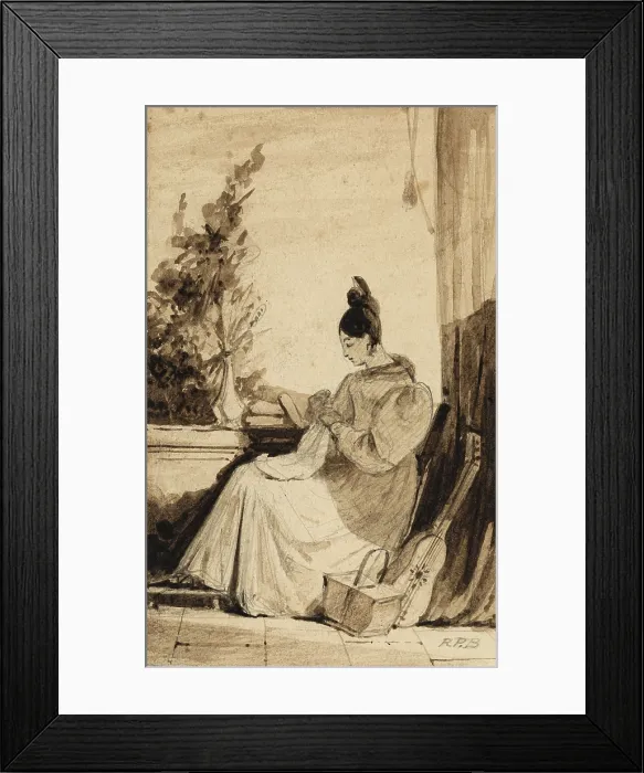 Framed Print : Woman Sewing, early 19th century. Creator: Richard Parkes Bonington Framed Print : Woman Sewing, early 19th century. Creator: Richard Parkes Bonington