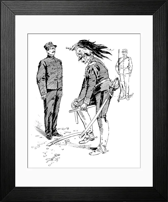 Framed Print : The Degradation of Captain Dreyfus: showing the correct way of breaking the sword, 1895. Creator: Carl Hentschel Framed Print : The Degradation of Captain Dreyfus: showing the correct way of breaking the sword, 1895. Creator: Carl Hentschel