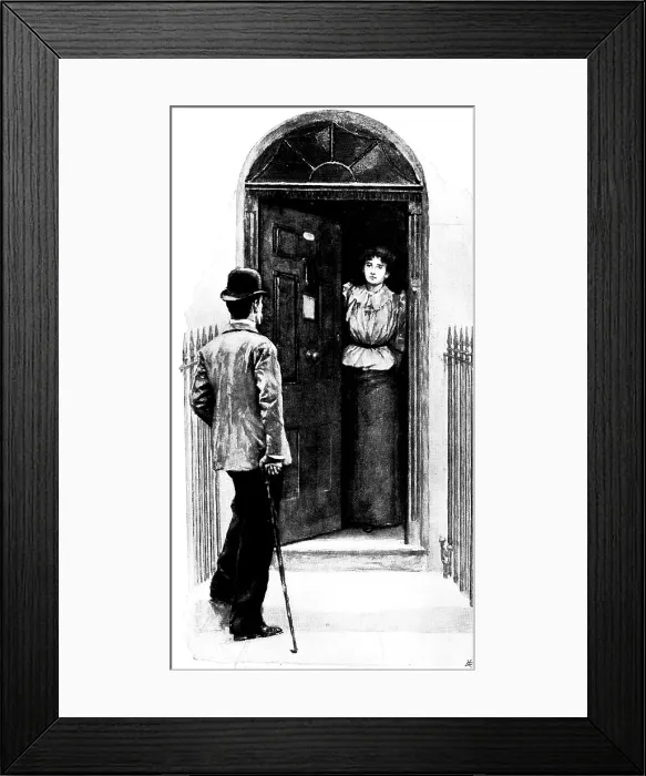 Framed Print : Eve's Ransom...: 'I believe Miss Madden lives here?', 1895. Creator: George Meisenbach. Eve's Ransom...: 'I believe Miss Madden lives here?', 1895