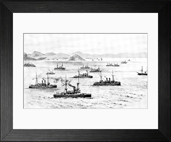 Framed Print : The War in Eastern Asia: the English Fleet leaving Chefoo Harbour, November 23, 1891, (1895). Creator: Unknown Framed Print : The War in Eastern Asia: the English Fleet leaving Chefoo Harbour, November 23, 1891, (1895). Creator: Unknown