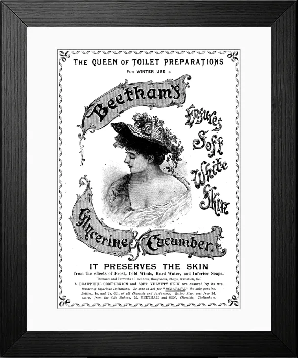 Framed Print : Advertisement for Beetham's Glycerine & Cucumber, 1895. Creator: Unknown. Advertisement for Beetham's Glycerine & Cucumber, 1895. Creator: Unknown Framed Print : Advertisement for Beetham's Glycerine & Cucumber, 1895. Creator: Unknown. Advertisement for Beetham's Glycerine & Cucumber, 1895. Creator: Unknown