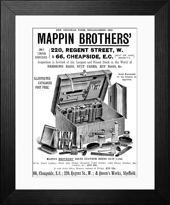 Framed Print : Advertisement for Mappin Brothers Dressing Bags, Suit Cases, Kit Bags, &c. 1895 Framed Print : Advertisement for Mappin Brothers Dressing Bags, Suit Cases, Kit Bags, &c. 1895