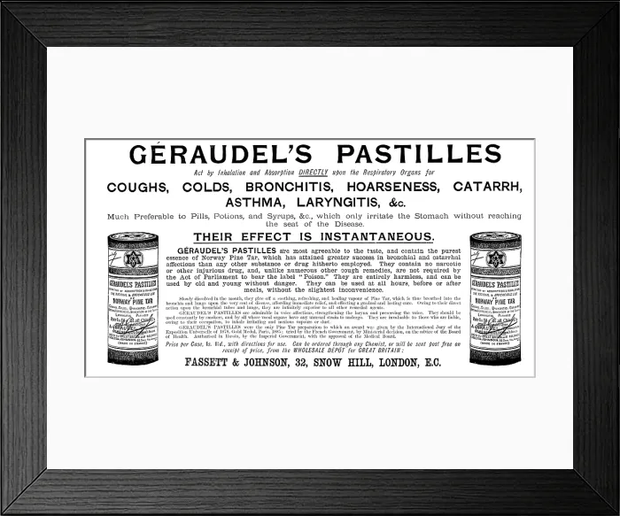 Framed Print : Advertisement for Geraudel's Pastilles, 1895. Creator: Unknown. Advertisement for Geraudel's Pastilles, 1895. Creator: Unknown Framed Print : Advertisement for Geraudel's Pastilles, 1895. Creator: Unknown. Advertisement for Geraudel's Pastilles, 1895. Creator: Unknown