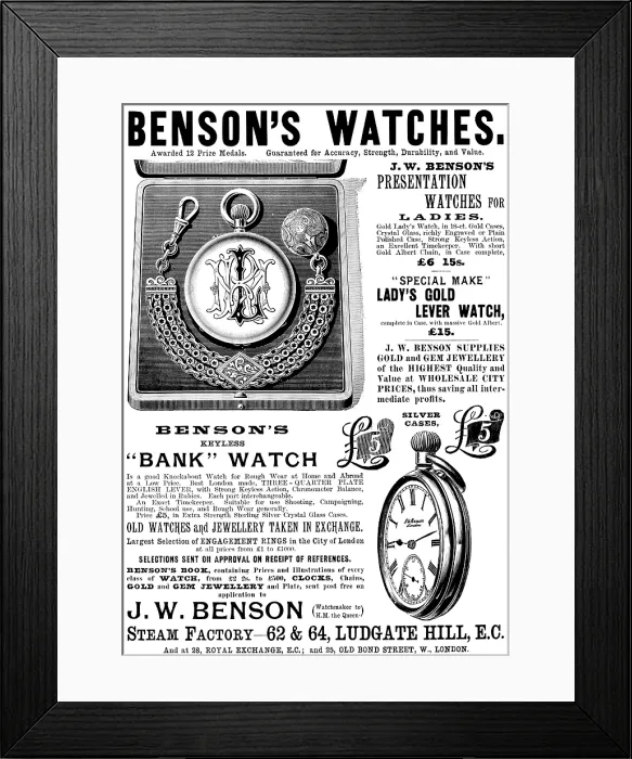 Framed Print : Advertisement for Benson's Watches, 1895. Creator: Unknown. Advertisement for Benson's Watches, 1895. Creator: Unknown Framed Print : Advertisement for Benson's Watches, 1895. Creator: Unknown. Advertisement for Benson's Watches, 1895. Creator: Unknown