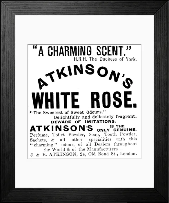 Framed Print : Advertisement for Atkinson's White Rose, 1895. Creator: Unknown. Advertisement for Atkinson's White Rose, 1895. Creator: Unknown