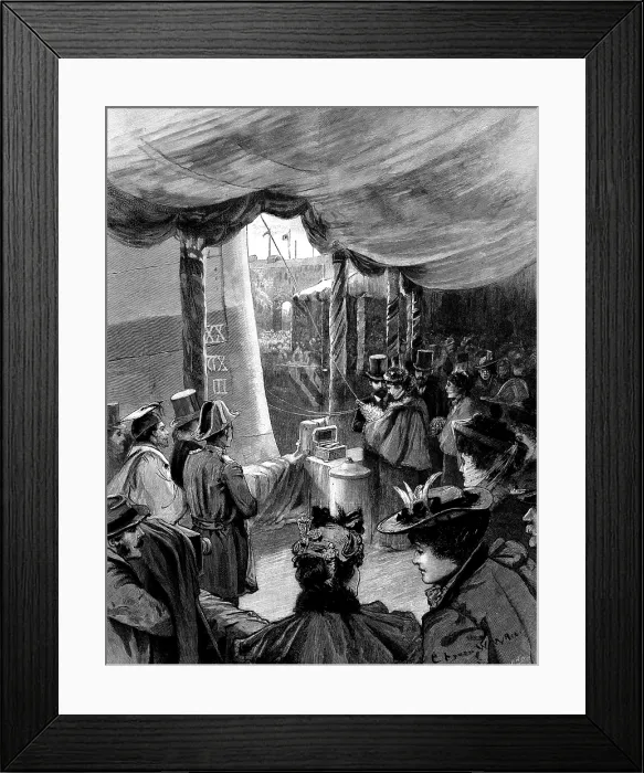 Framed Print : Floating of H.M.S. 'Majestic' at Portsmouth, January 31: Princess Louise christening the ship, 1895. Creator: P Naumann Framed Print : Floating of H.M.S. 'Majestic' at Portsmouth, January 31: Princess Louise christening the ship, 1895. Creator: P Naumann
