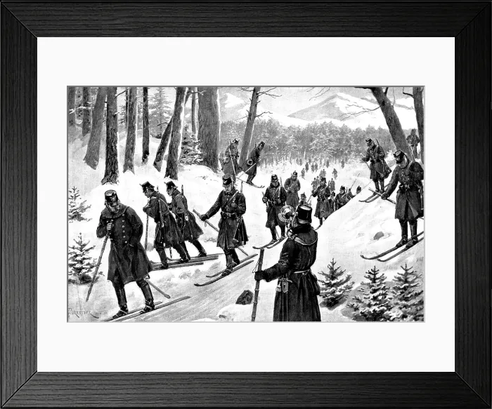 Framed Print : March of the 5th Prussian Rifle Battalion on snow-shoes through the Giant's Mountains, Silesia Framed Print : March of the 5th Prussian Rifle Battalion on snow-shoes through the Giant's Mountains, Silesia