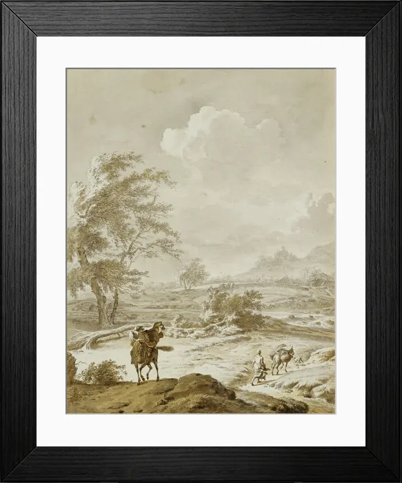 Framed Print : Landscape with Man on Horseback and Woman Guiding a Donkey, between 1659 and 1717. Creator: Dirk Maes Framed Print : Landscape with Man on Horseback and Woman Guiding a Donkey, between 1659 and 1717. Creator: Dirk Maes