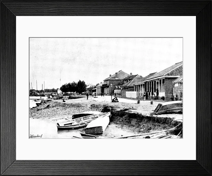 Framed Print : Niuchuang; our only shops, river still open, 1895. Creator: George Meisenbach Framed Print : Niuchuang; our only shops, river still open, 1895. Creator: George Meisenbach