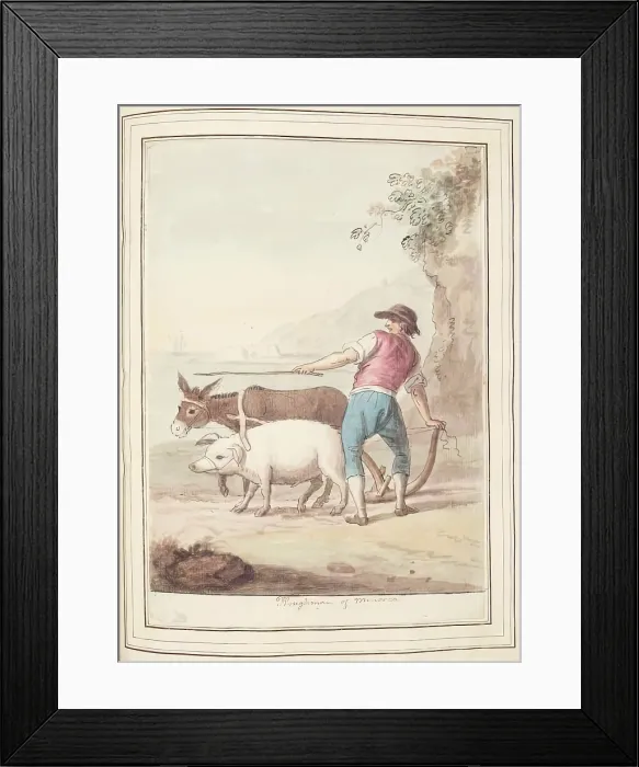 Framed Print : Ploughman of Minorca, leaf from A Collection of Dresses by David Allan Mostly from Nature, 1776 Framed Print : Ploughman of Minorca, leaf from A Collection of Dresses by David Allan Mostly from Nature, 1776