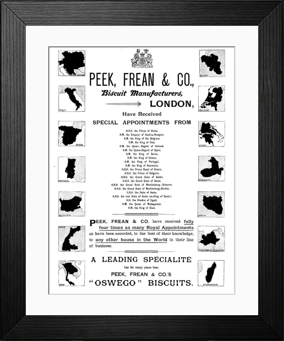Framed Print : Advertisement for Peek, Frean & Co. biscuit manufacturers, 1895. Creator: Unknown Framed Print : Advertisement for Peek, Frean & Co. biscuit manufacturers, 1895. Creator: Unknown