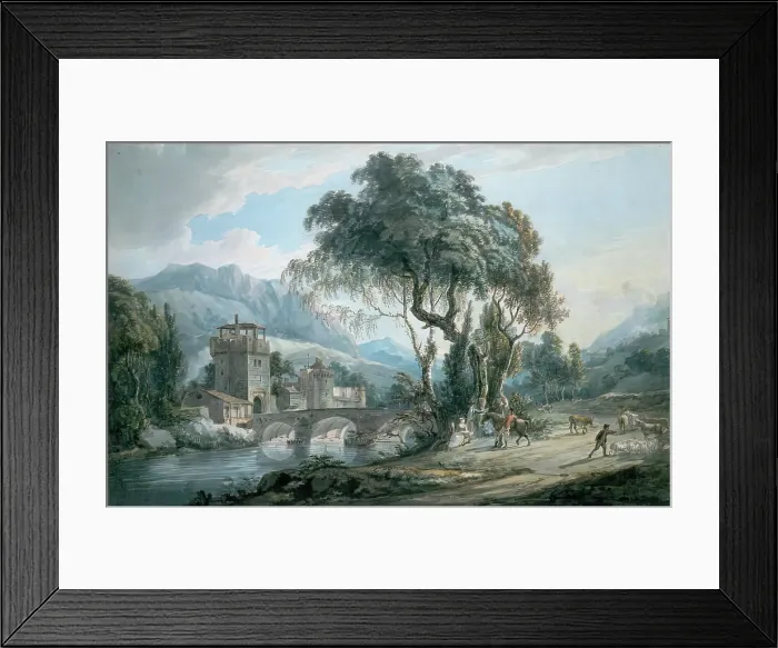 Framed Print : Landscape with River and Bridge, 1750-1774. Creator: Paul Sandby Framed Print : Landscape with River and Bridge, 1750-1774. Creator: Paul Sandby