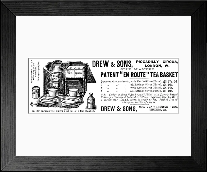 Framed Print : Advertisement for Drew & Sons Patent 'En Route Tea Basket, 1895 Framed Print : Advertisement for Drew & Sons Patent 'En Route Tea Basket, 1895