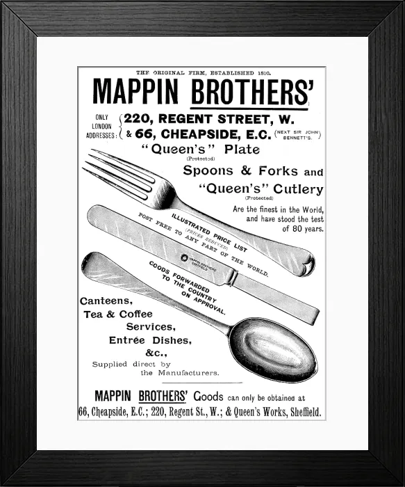 Framed Print : Advertisement for Mappin Brothers cutlery, 1895. Creator: Unknown Framed Print : Advertisement for Mappin Brothers cutlery, 1895. Creator: Unknown