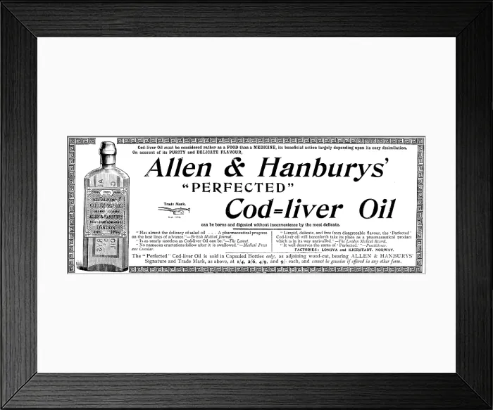 Framed Print : Advertisement for Allen & Hanbury's 'Perfected' Cod=liver Oil, 1895 Framed Print : Advertisement for Allen & Hanbury's 'Perfected' Cod=liver Oil, 1895