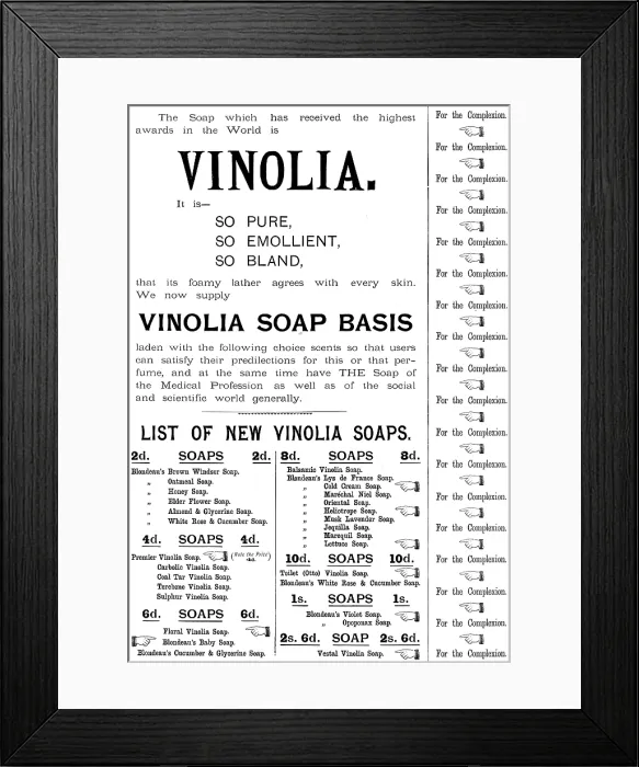 Framed Print : Advertisement for Vinolia Soap, 1895. Creator: Unknown Framed Print : Advertisement for Vinolia Soap, 1895. Creator: Unknown