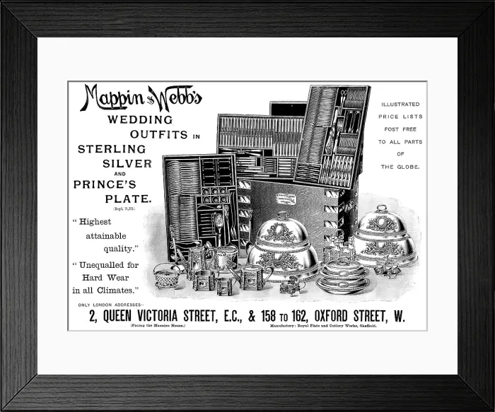 Framed Print : Advertisement for Mappin & Webb's Wedding Outfits in Sterling Silver and Prince's Plate, 1895 Framed Print : Advertisement for Mappin & Webb's Wedding Outfits in Sterling Silver and Prince's Plate, 1895