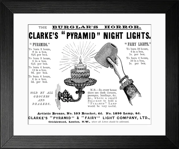 Framed Print : Advertisement for Clarke's 'Pyramid' Night Lights, 1895. Creator: Unknown. Advertisement for Clarke's 'Pyramid' Night Lights, 1895. Creator: Unknown Framed Print : Advertisement for Clarke's 'Pyramid' Night Lights, 1895. Creator: Unknown. Advertisement for Clarke's 'Pyramid' Night Lights, 1895. Creator: Unknown