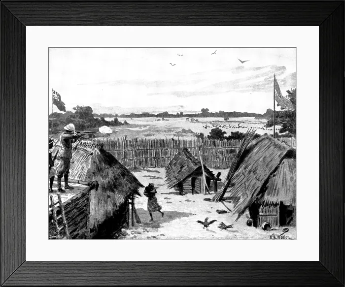 Framed Print : Somali attack on an East African mission station, 1895. Creator: George Meisenbach Framed Print : Somali attack on an East African mission station, 1895. Creator: George Meisenbach