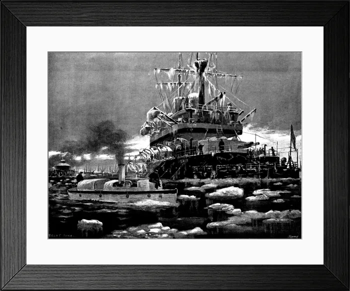 Framed Print : Frost, Snow, and Ice on the Medway: Sheerness Harbour after a blizzard, 1895. Creator: George Meisenbach Framed Print : Frost, Snow, and Ice on the Medway: Sheerness Harbour after a blizzard, 1895. Creator: George Meisenbach