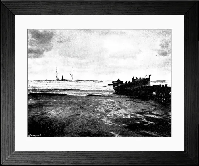 Framed Print : Wreck of the 'Escurial' at Portreath, and loss of ten men, on January 25, 1895. Creator: John Charles Burrow Framed Print : Wreck of the 'Escurial' at Portreath, and loss of ten men, on January 25, 1895. Creator: John Charles Burrow