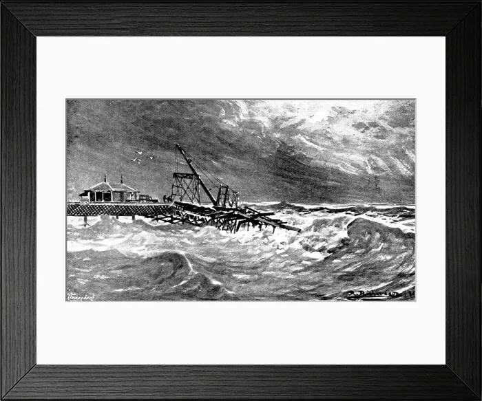 Framed Print : Destruction of the new part of Sandown Pier during a gale, 1895. Creator: George Meisenbach Framed Print : Destruction of the new part of Sandown Pier during a gale, 1895. Creator: George Meisenbach