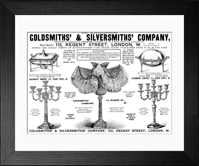 Framed Print : Advertisement for the Goldsmiths & Silversmiths Company, 1895. Creator: Unknown. Advertisement for the Goldsmiths & Silversmiths Company, 1895 Framed Print : Advertisement for the Goldsmiths & Silversmiths Company, 1895. Creator: Unknown. Advertisement for the Goldsmiths & Silversmiths Company, 1895