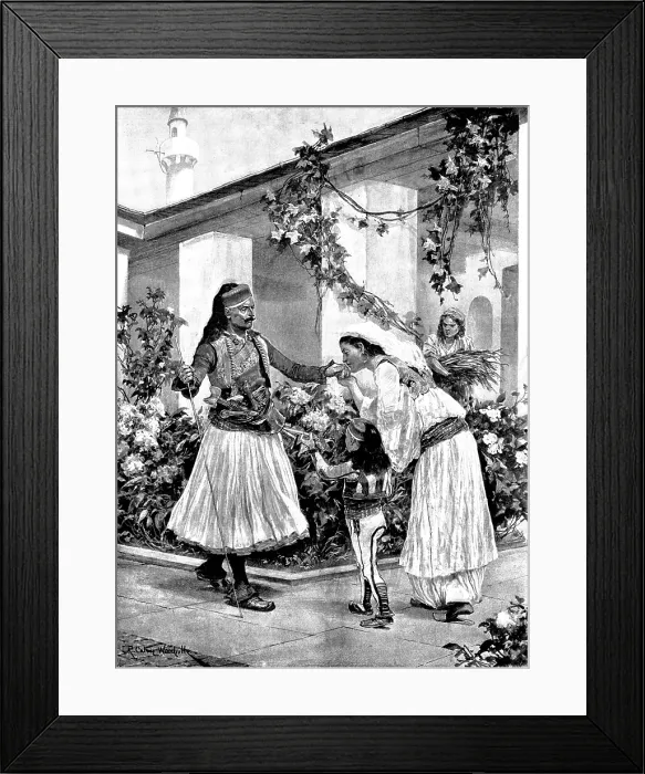 Framed Print : Her Lord and Master: a scene in a north Albanian house, 1895. Creator: George Meisenbach Framed Print : Her Lord and Master: a scene in a north Albanian house, 1895. Creator: George Meisenbach
