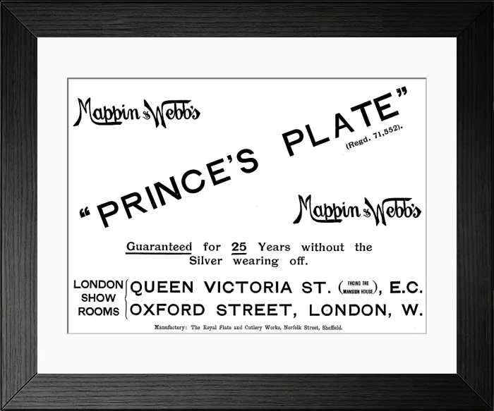 Framed Print : Advertisement for Mappin & Webb's 'Prince's Plate', 1895. Creator: Unknown. Advertisement for Mappin & Webb's 'Prince's Plate', 1895 Framed Print : Advertisement for Mappin & Webb's 'Prince's Plate', 1895. Creator: Unknown. Advertisement for Mappin & Webb's 'Prince's Plate', 1895