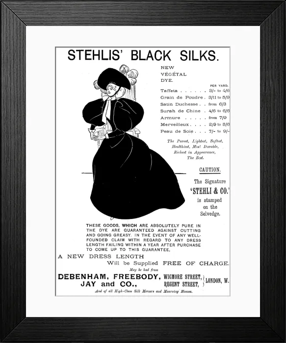 Framed Print : Advertisement for Stehlis Black Silks, 1895. Creator: Unknown. Advertisement for Stehlis Black Silks, 1895. Creator: Unknown Framed Print : Advertisement for Stehlis Black Silks, 1895. Creator: Unknown. Advertisement for Stehlis Black Silks, 1895. Creator: Unknown