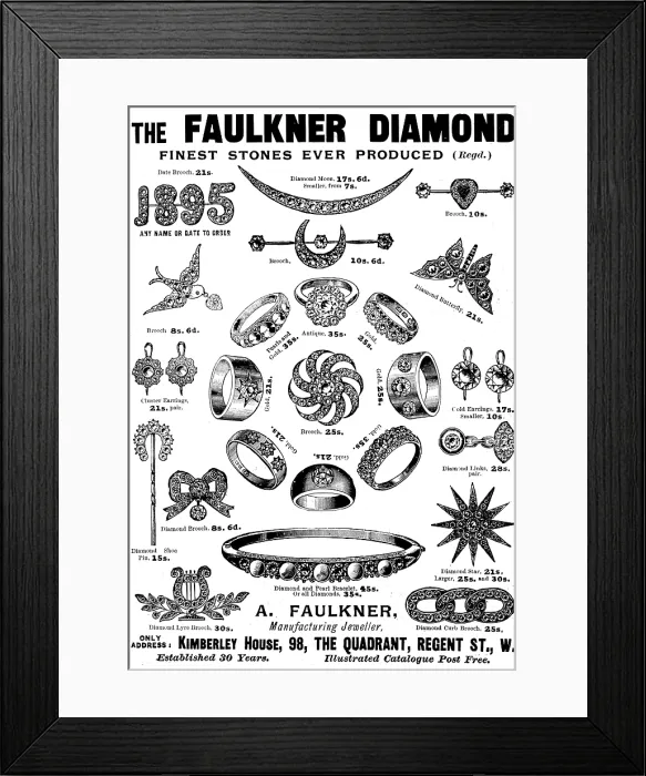 Framed Print : Advertisement for A. Faulkner, Manufacturing Jeweller, 1895. Creator: Unknown Framed Print : Advertisement for A. Faulkner, Manufacturing Jeweller, 1895. Creator: Unknown