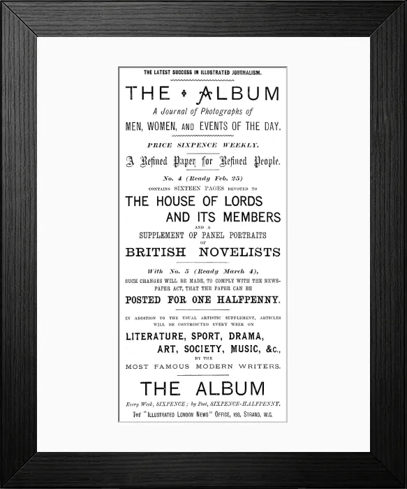 Framed Print : Advertisement for The Album - A Journal of Photographs of Men, Women, and Events of the Day, 1895. Creator: Unknown Framed Print : Advertisement for The Album - A Journal of Photographs of Men, Women, and Events of the Day, 1895. Creator: Unknown