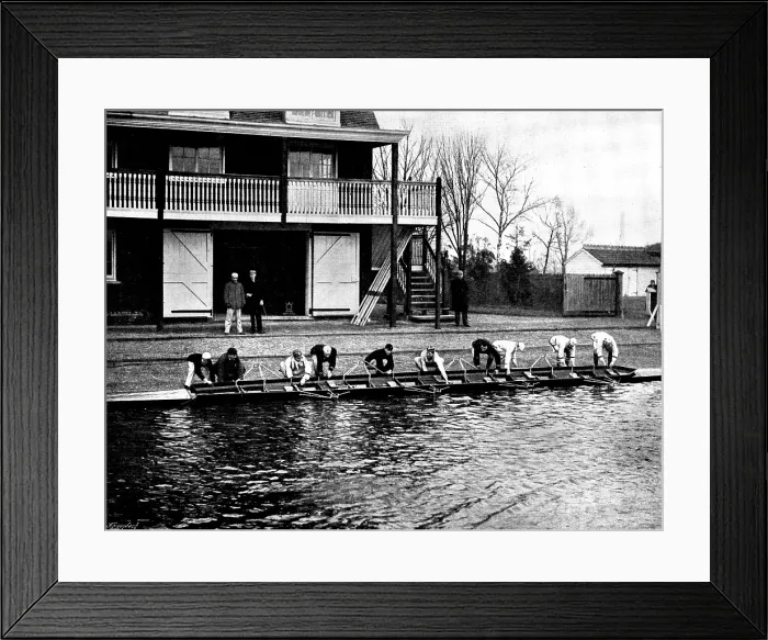 Framed Print : The Universities Boat-Race: the Cambridge crew at practice - putting in the boat, 1895 Framed Print : The Universities Boat-Race: the Cambridge crew at practice - putting in the boat, 1895
