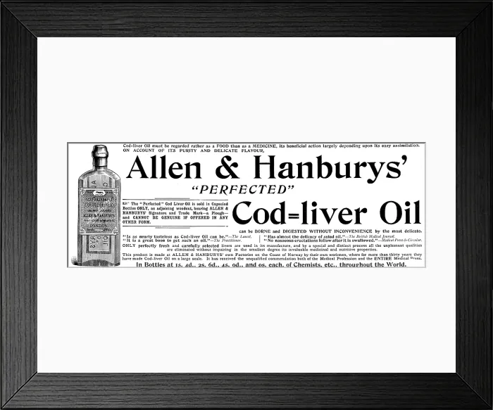 Framed Print : Advertisement for Allen & Hanburys 'Perfected' Cod=liver Oil, 1895 Framed Print : Advertisement for Allen & Hanburys 'Perfected' Cod=liver Oil, 1895