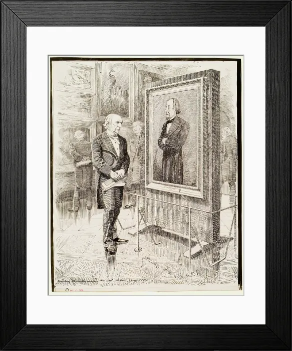Framed Print : W.E. Gladstone Looking at a Portrait of Disraeli, Lord Beaconsfield, by Sir J.E. Millais, 1881. Creator: Edward Linley Sambourne Framed Print : W.E. Gladstone Looking at a Portrait of Disraeli, Lord Beaconsfield, by Sir J.E. Millais, 1881. Creator: Edward Linley Sambourne