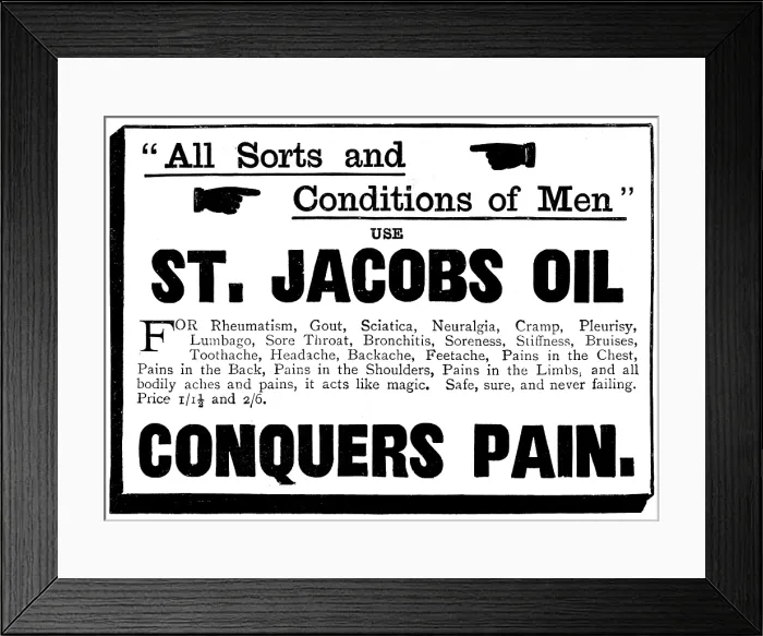 Framed Print : Advertisement for St. Jacobs Oil, 1895. Creator: Unknown Framed Print : Advertisement for St. Jacobs Oil, 1895. Creator: Unknown