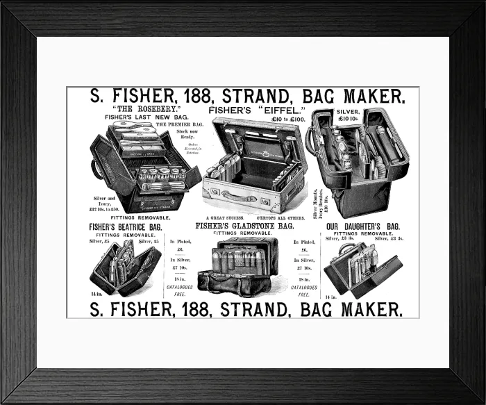 Framed Print : Advertisement for S. Fisher, bag maker, 1895. Creator: Unknown Framed Print : Advertisement for S. Fisher, bag maker, 1895. Creator: Unknown