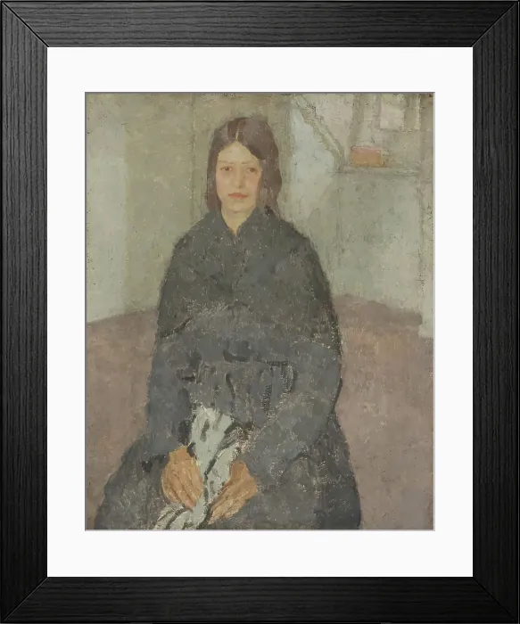Framed Print : Seated Girl Holding a Piece of Sewing, 1915-1925. Creator: Gwendolen Mary John